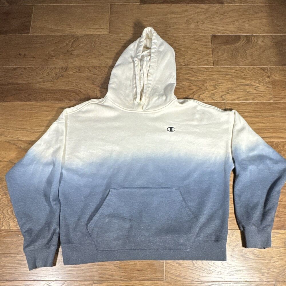Champion Men's Gradient Fleece Pullover Hoodie w/ Pockets White Blue Gray, L